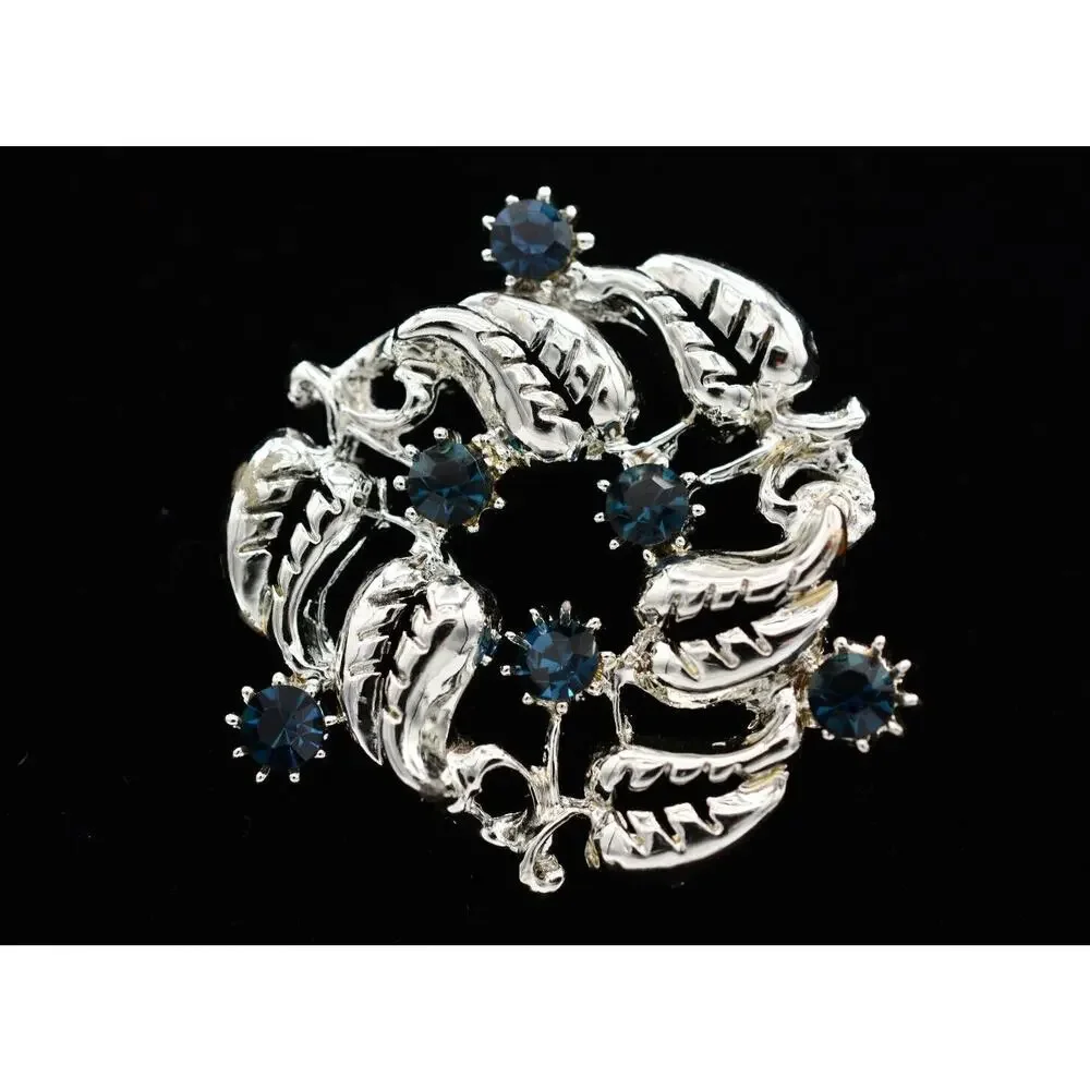 Vintage Crystal Leaf Wreath Pin Blue Rhinestone Silver Tone Heavy 1980s BinAT